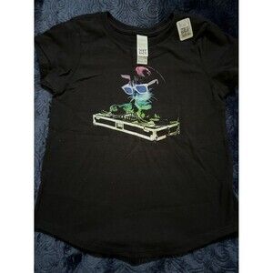 District Kids Black Tee with Multicolor DJ Cat Graphic (Girls XS)